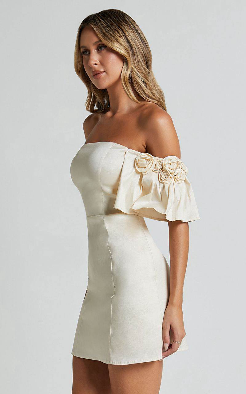 Showpo Shauna Mini Dress - Off Shoulder Rosette Detail A Line Oyster | BIPGFS457