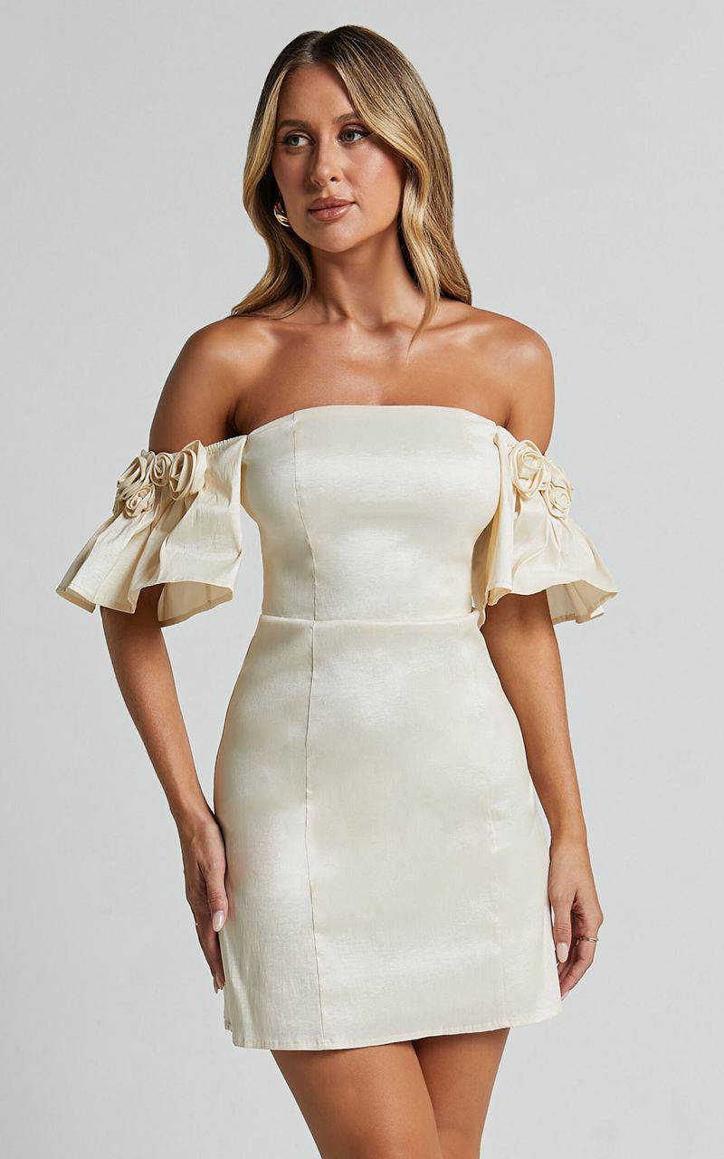 Showpo Shauna Mini Dress - Off Shoulder Rosette Detail A Line Oyster | BIPGFS457