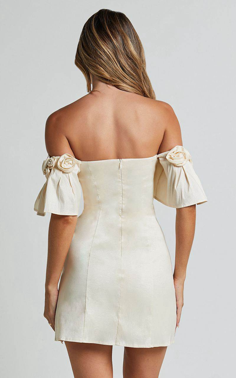 Showpo Shauna Mini Dress - Off Shoulder Rosette Detail A Line Oyster | BIPGFS457