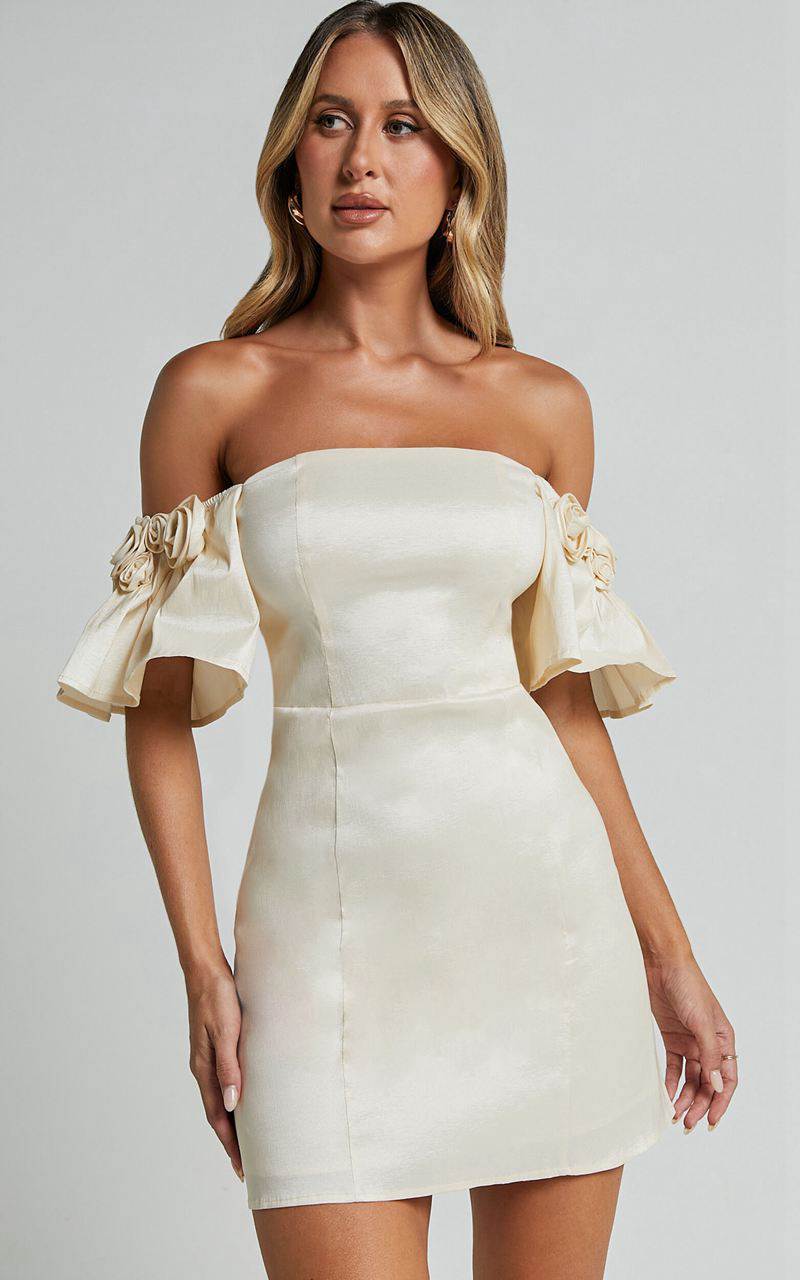 Showpo Shauna Mini Dress - Off Shoulder Rosette Detail A Line Oyster | BIPGFS457