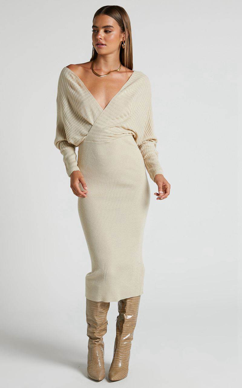 Showpo Sheika Midi Dress - Long Sleeve Off Shoulder Knit Dress Stone | KPFVEQ569