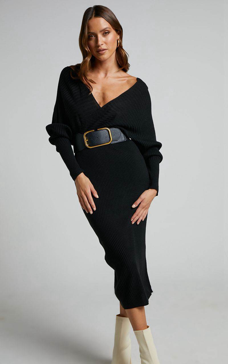 Showpo Sheika Midi Dress - Long Sleeve Off Shoulder Knit Dress Black | PZAQOH518