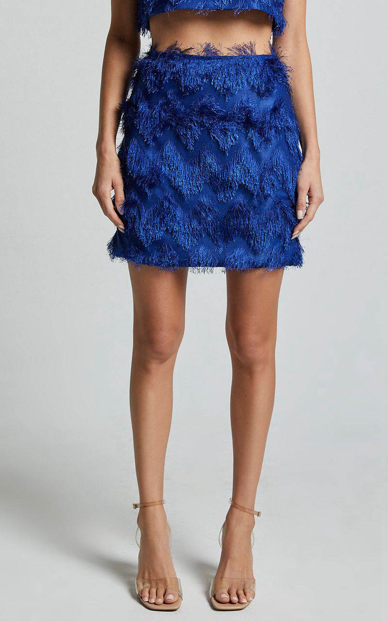 Showpo Shelby Mini Skirt - High Waist Fringe Skirt Cobalt Blue | LAEYDB951