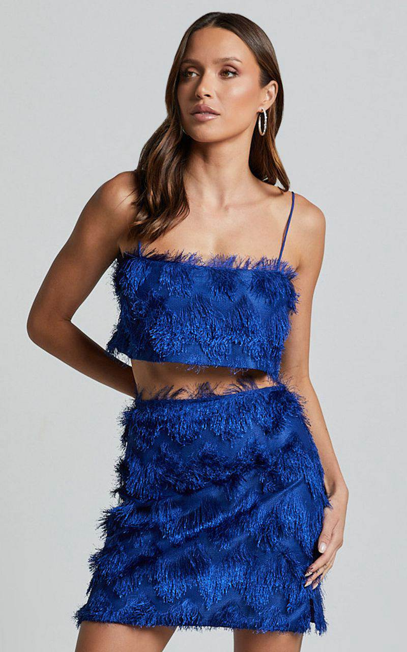 Showpo Shelby Mini Skirt - High Waist Fringe Skirt Cobalt Blue | LAEYDB951