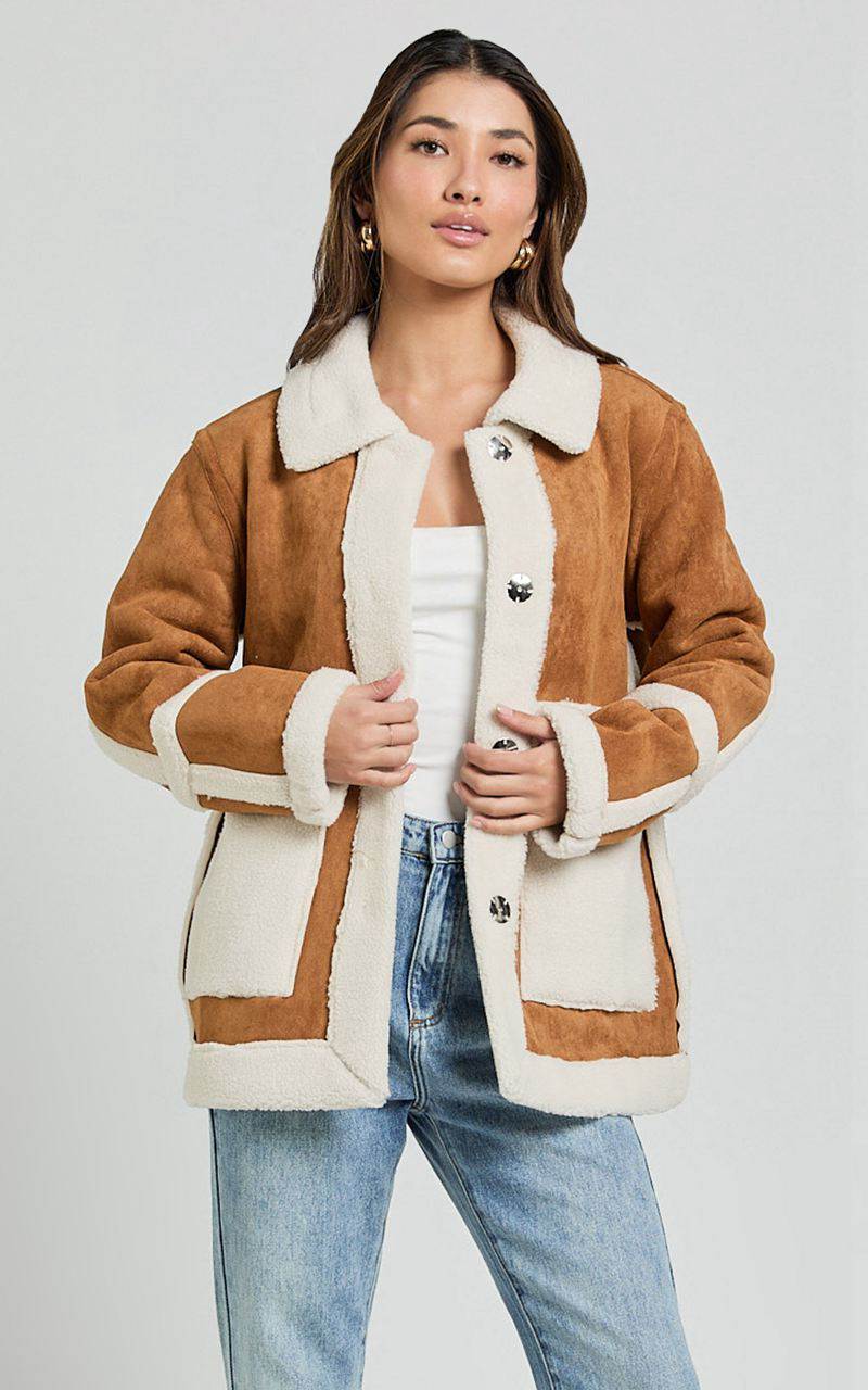 Showpo Shelley Coat - Faux Shearling Aviator Coat Brown | VZCSXH203