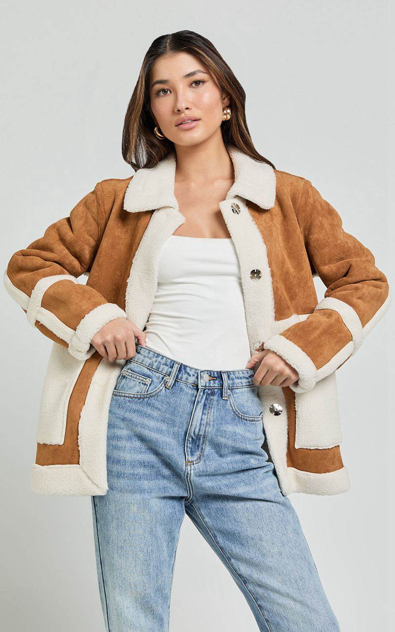 Showpo Shelley Coat - Faux Shearling Aviator Coat Brown | VZCSXH203