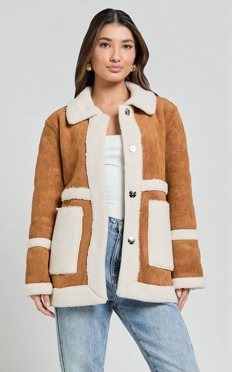 Showpo Shelley Coat - Faux Shearling Aviator Coat Brown | VZCSXH203