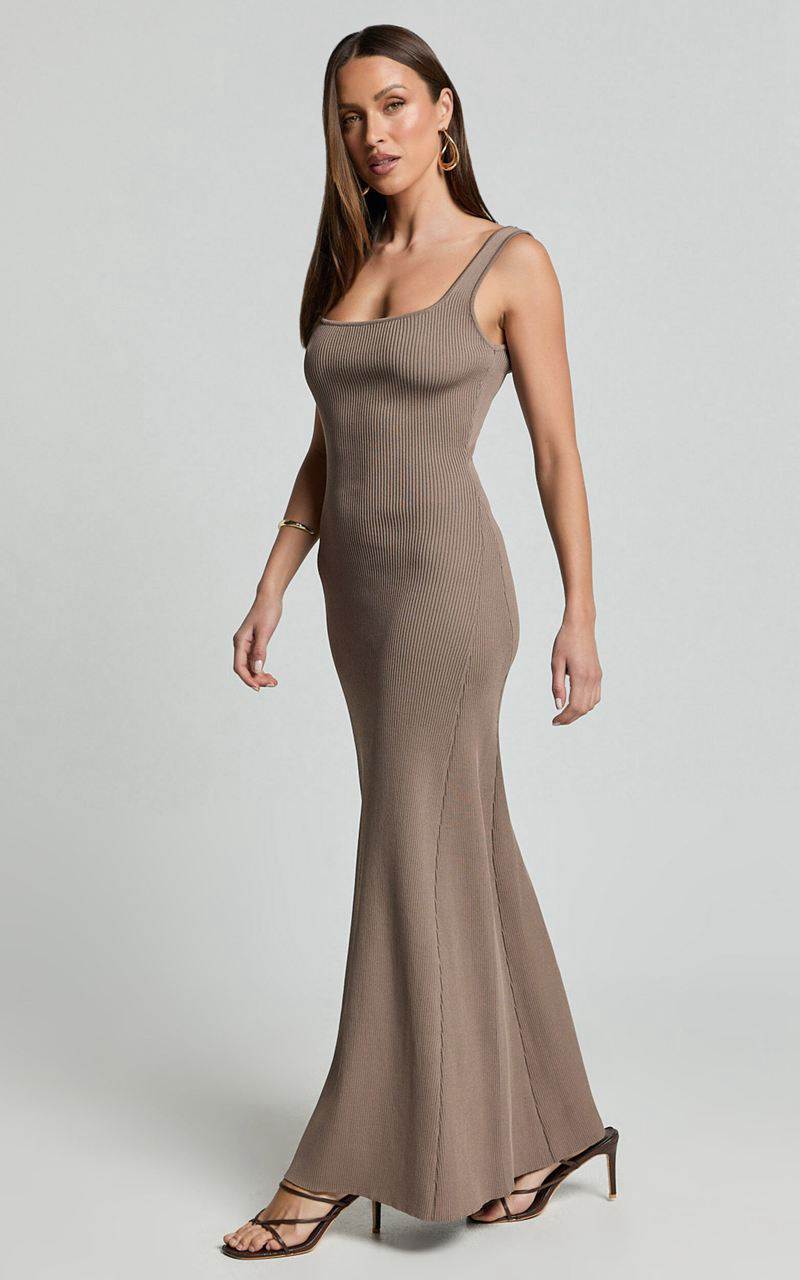 Showpo Shelley Maxi Dress - Knitted Scoop Neck Slip Dress Taupe | GQHZVX250