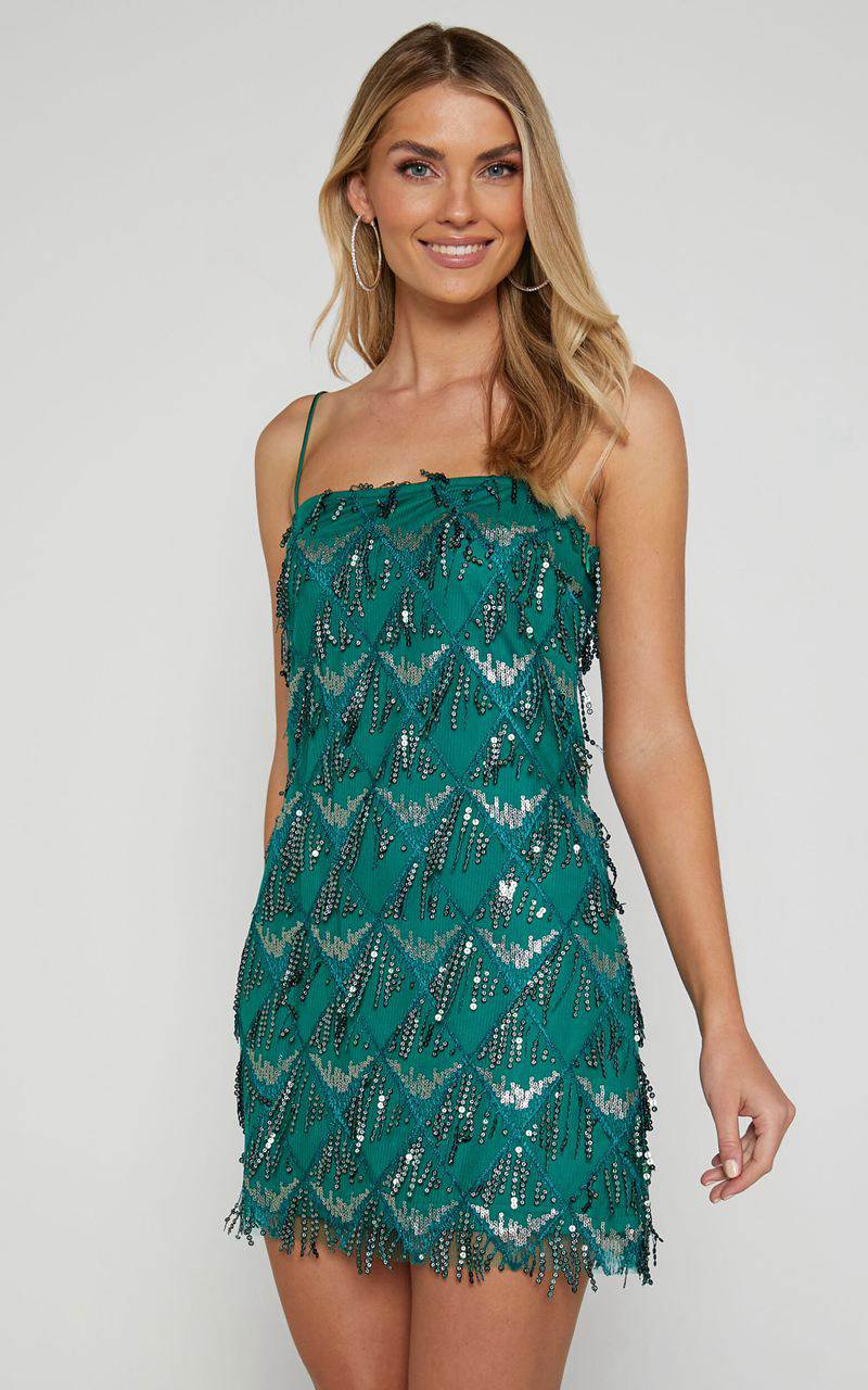 Showpo Shook Mini Dress - Cami Sequin Fringe Dress Emerald Sequin | FRDAXQ342