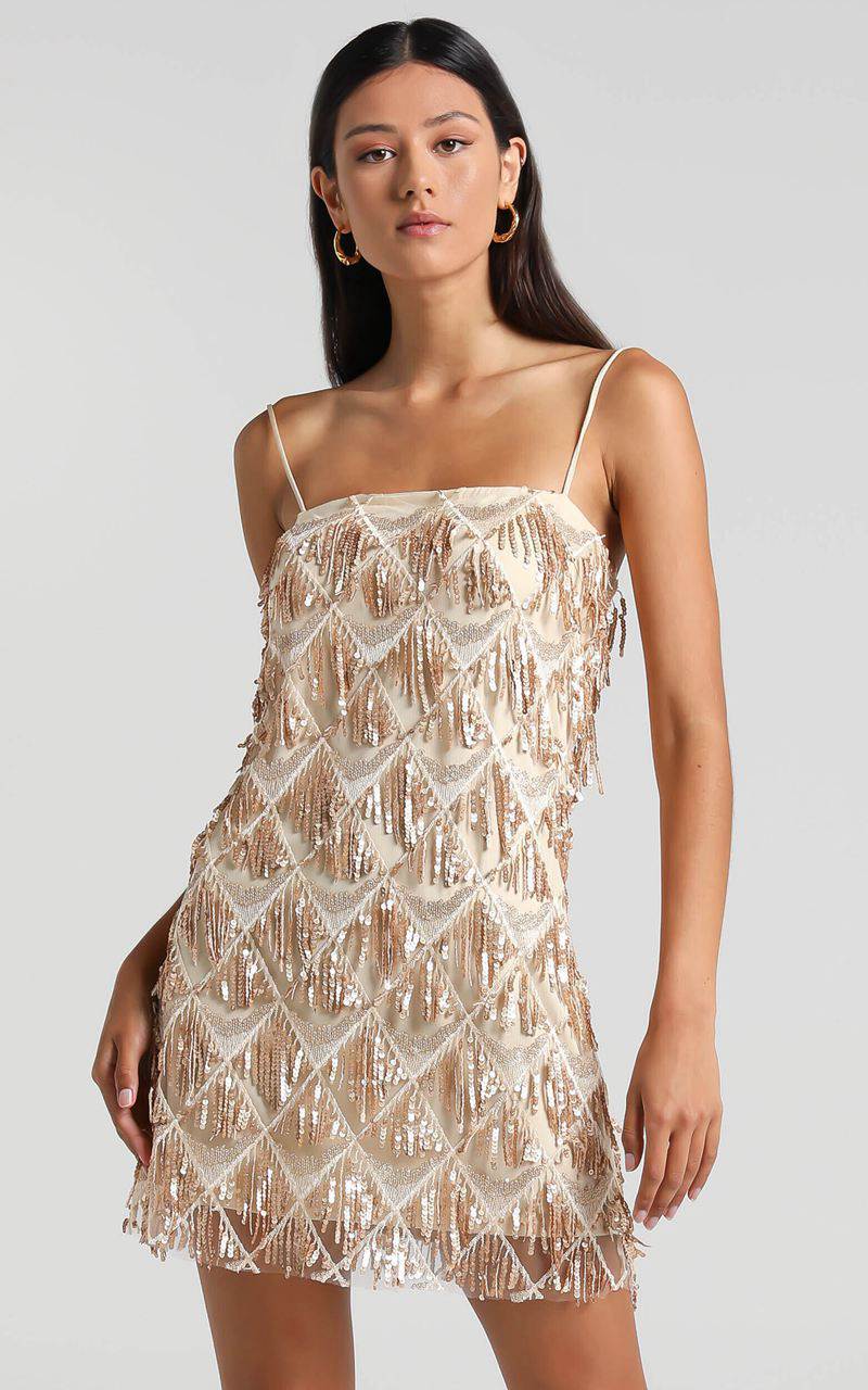 Showpo Shook Mini Dress - Cami Sequin Fringe Dress Champagne Sequin | YCNLKZ984