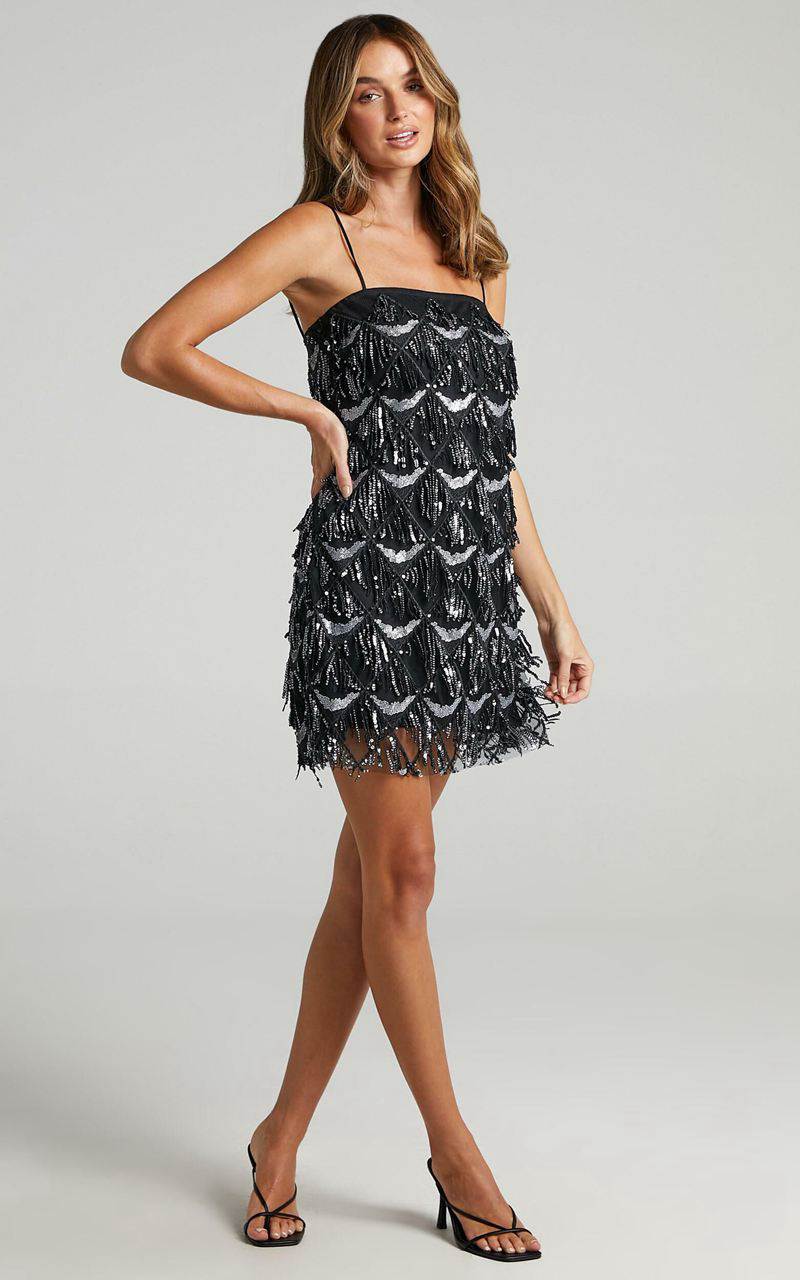 Showpo Shook Mini Dress - Cami Sequin Fringe Dress Black Sequin | XRZFTH213