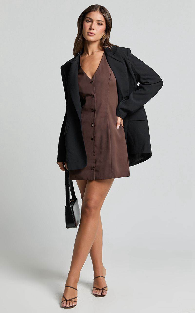 Showpo Sia Mini Dress - V Neck Button Down Dress Chocolate | KLBATZ073