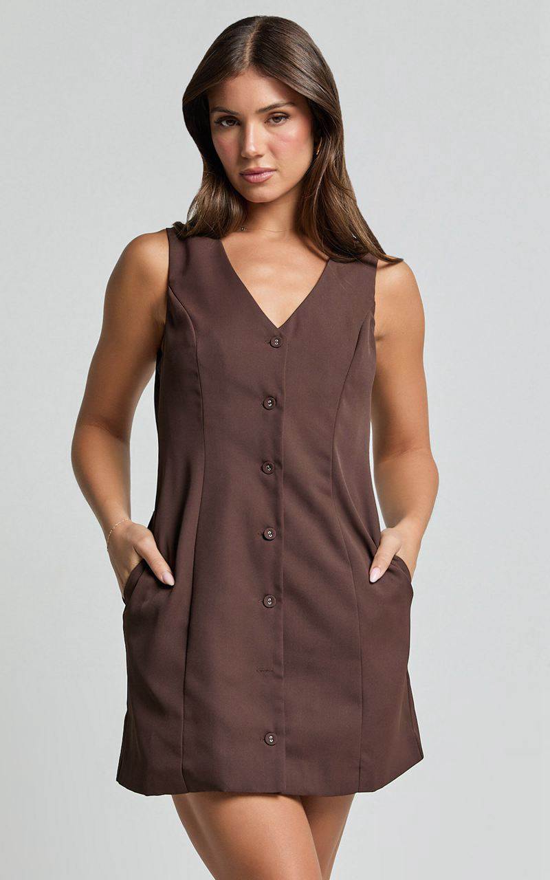 Showpo Sia Mini Dress - V Neck Button Down Dress Chocolate | KLBATZ073