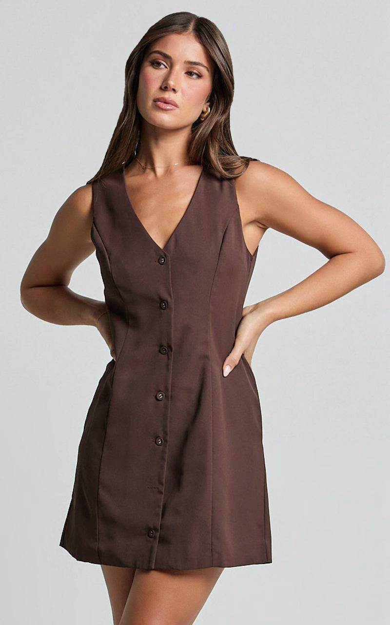 Showpo Sia Mini Dress - V Neck Button Down Dress Chocolate | KLBATZ073