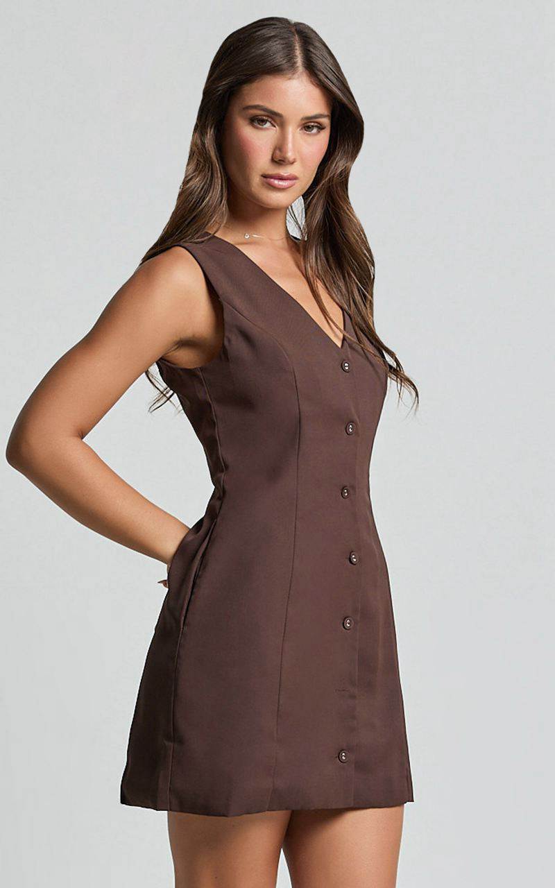 Showpo Sia Mini Dress - V Neck Button Down Dress Chocolate | KLBATZ073