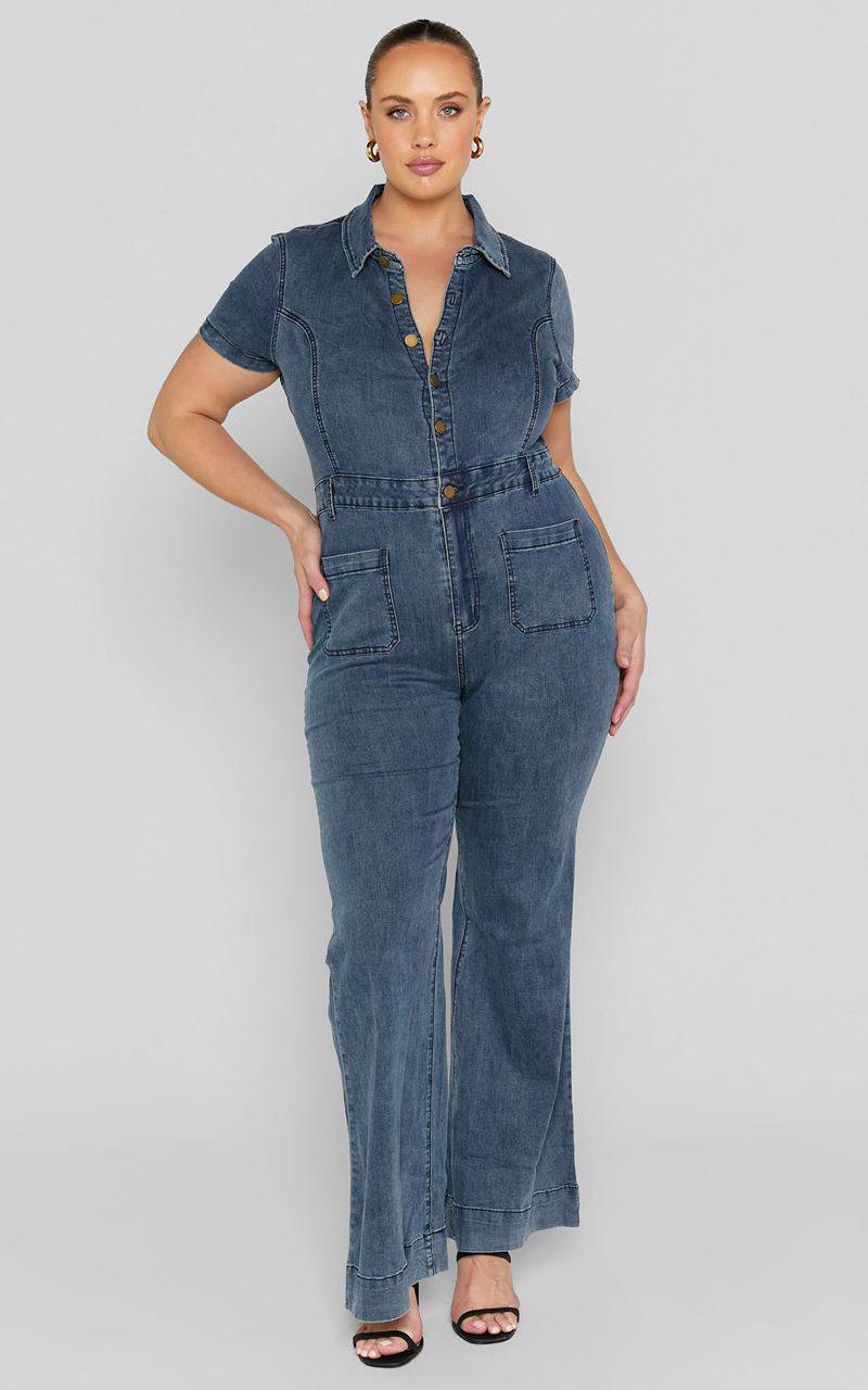 Showpo Silvena Jumpsuit - Short Sleeve Flared Denim Jumpsuit Indigo Wash | YPWJUT902