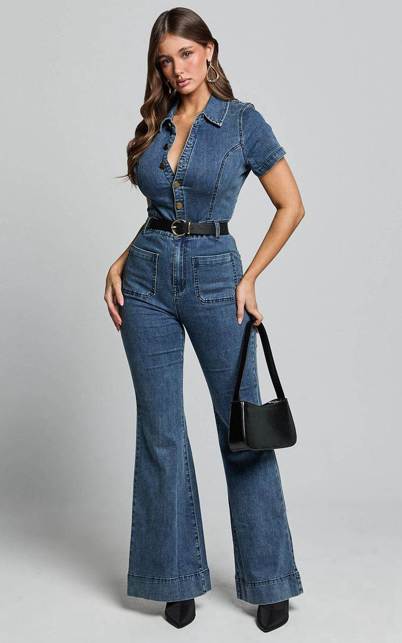 Showpo Silvena Jumpsuit - Short Sleeve Flared Denim Jumpsuit Indigo Wash | YPWJUT902