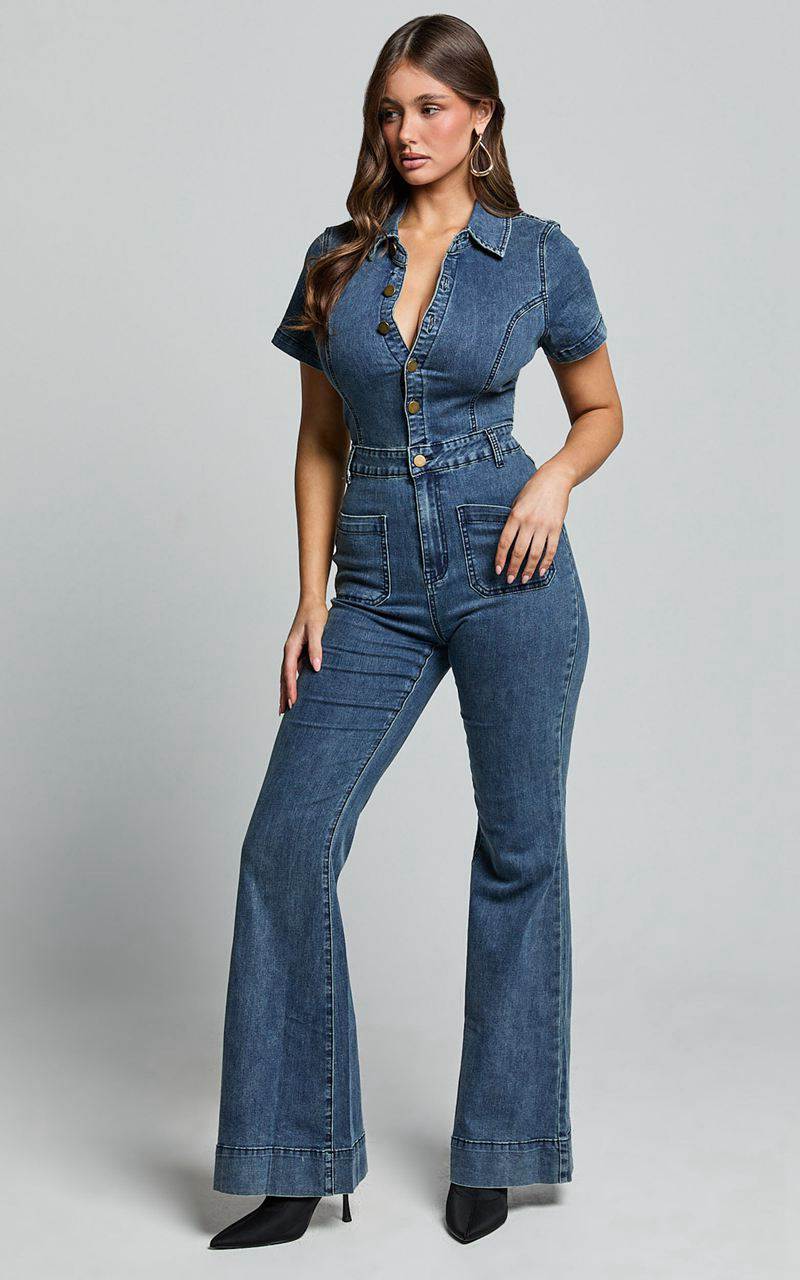 Showpo Silvena Jumpsuit - Short Sleeve Flared Denim Jumpsuit Indigo Wash | YPWJUT902