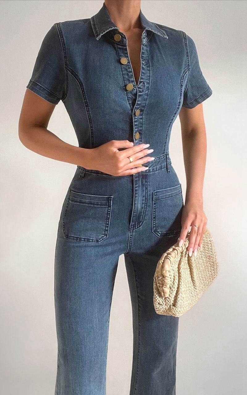 Showpo Silvena Jumpsuit - Short Sleeve Flared Denim Jumpsuit Indigo Wash | YPWJUT902