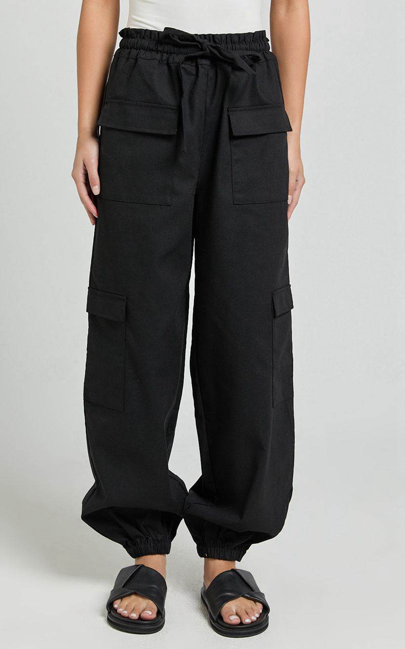 Showpo Simpson Pants - Linen Look Tie Waist Pocket Detail Cargo Pants Black | YDKIGR419