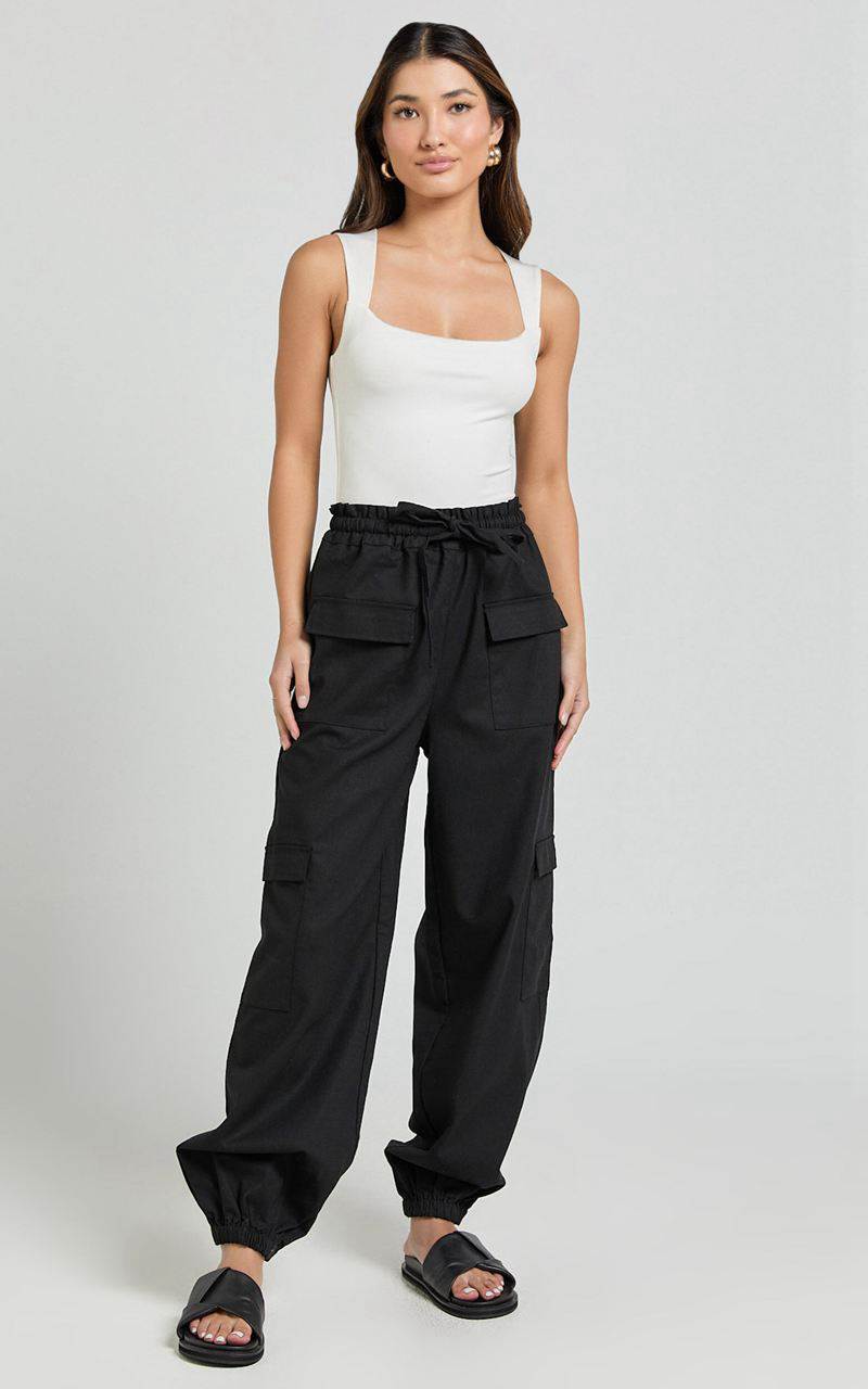 Showpo Simpson Pants - Linen Look Tie Waist Pocket Detail Cargo Pants Black | YDKIGR419