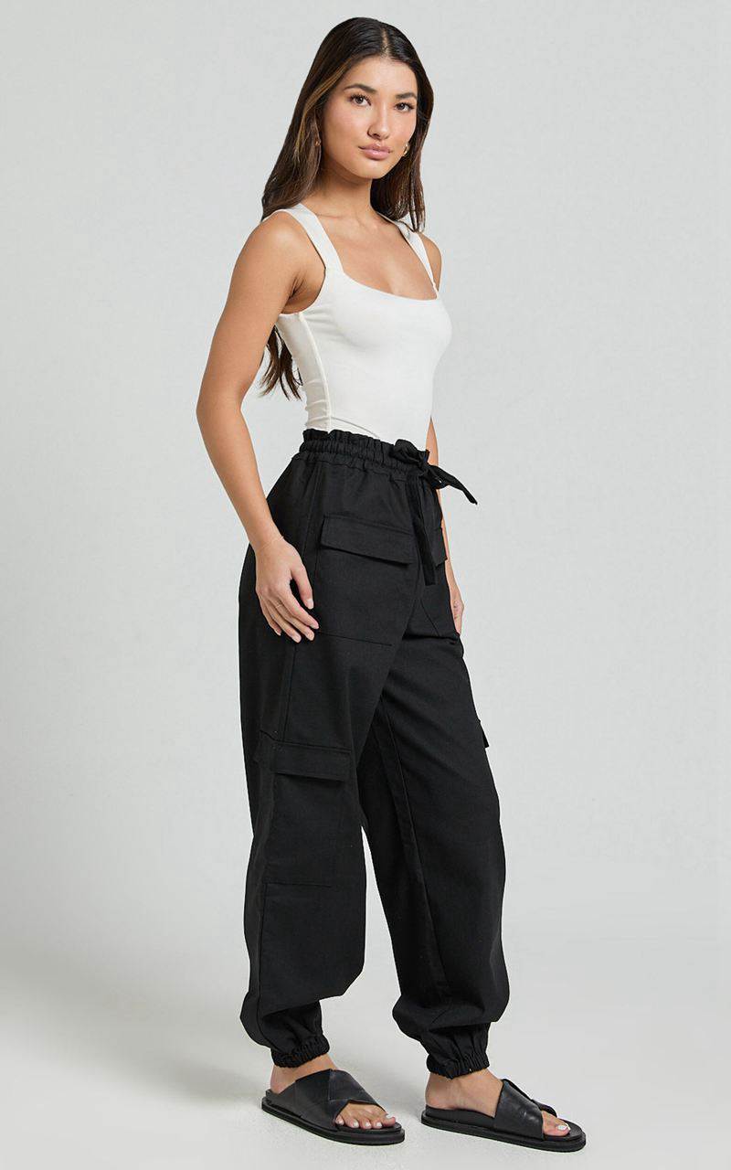 Showpo Simpson Pants - Linen Look Tie Waist Pocket Detail Cargo Pants Black | YDKIGR419