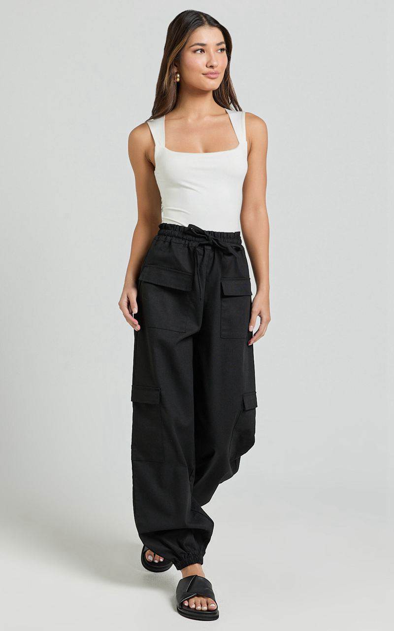 Showpo Simpson Pants - Linen Look Tie Waist Pocket Detail Cargo Pants Black | YDKIGR419