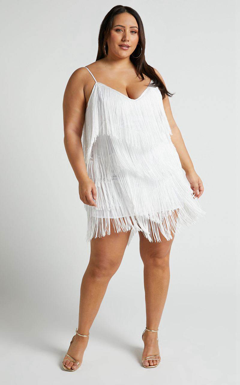 Showpo Siofra Mini Dress - Zig Zag Fringe Dress White | OGHPNZ268