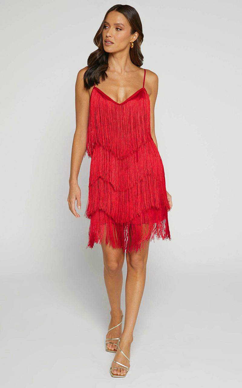 Showpo Siofra Mini Dress - Zig Zag Fringe Dress Red | ORFNMD960