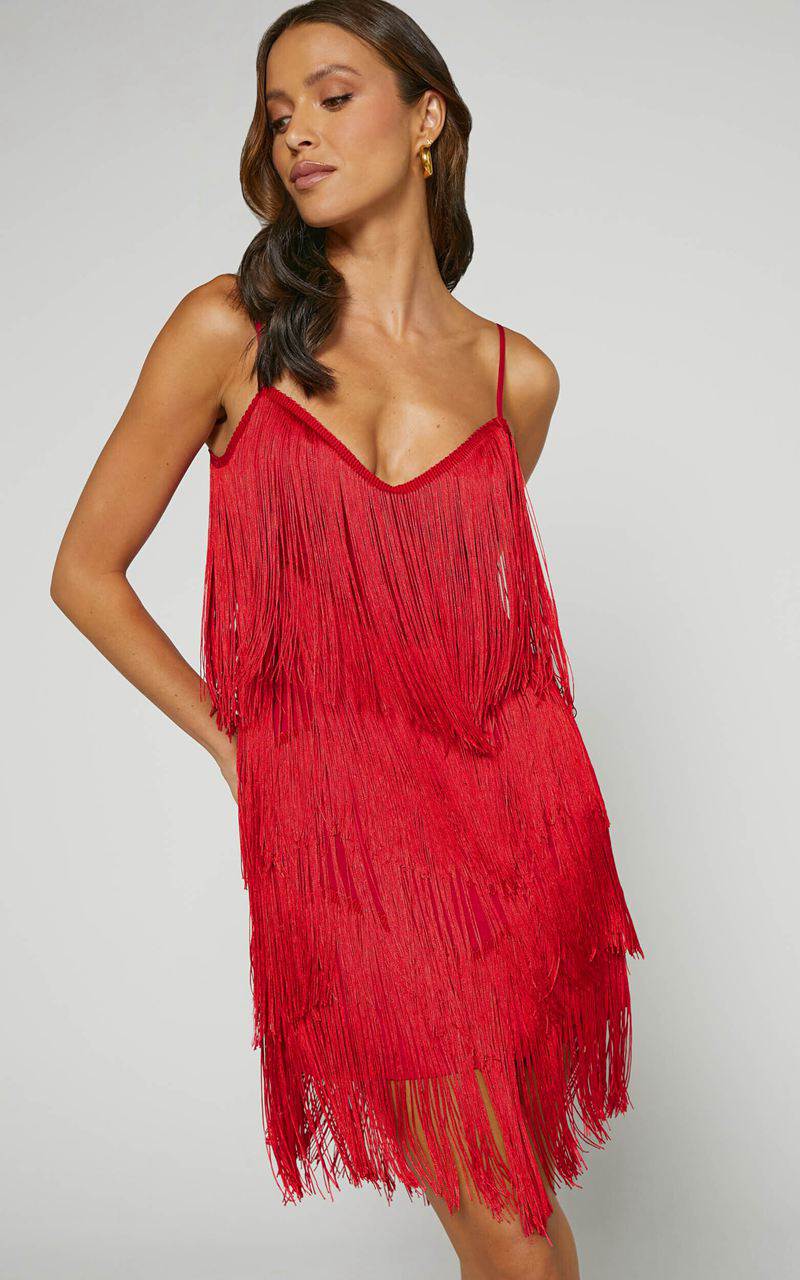 Showpo Siofra Mini Dress - Zig Zag Fringe Dress Red | ORFNMD960