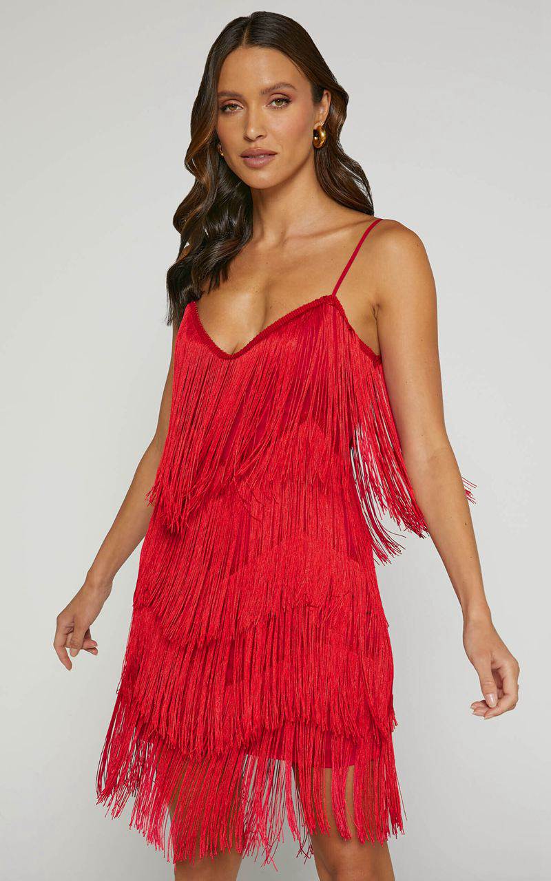 Showpo Siofra Mini Dress - Zig Zag Fringe Dress Red | ORFNMD960