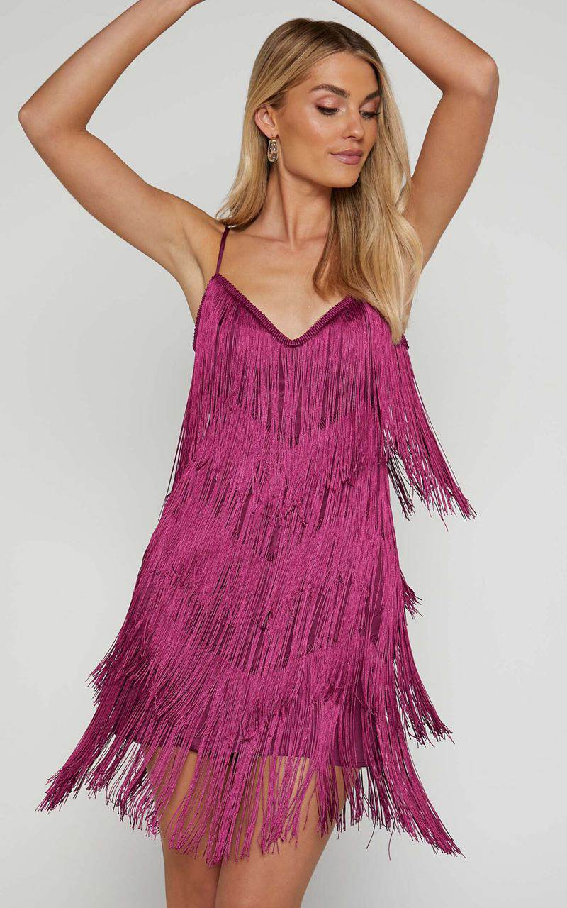 Showpo Siofra Mini Dress - Zig Zag Fringe Dress Mulberry | EVRQGZ901