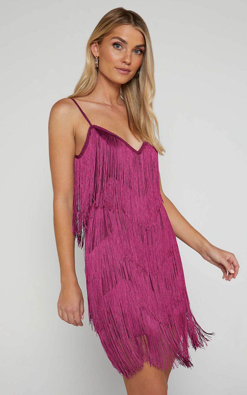 Showpo Siofra Mini Dress - Zig Zag Fringe Dress Mulberry | EVRQGZ901