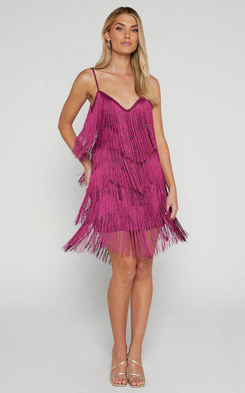 Showpo Siofra Mini Dress - Zig Zag Fringe Dress Mulberry | EVRQGZ901