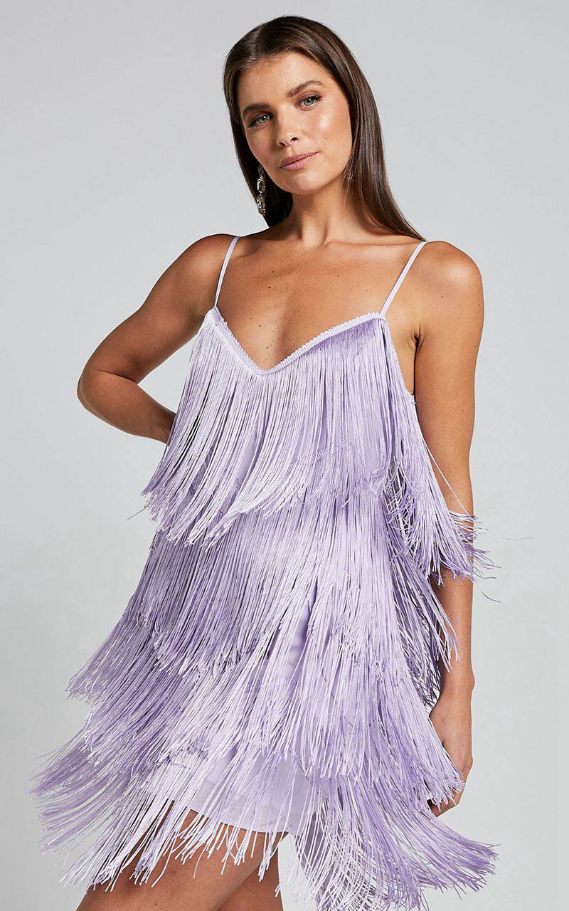 Showpo Siofra Mini Dress - Zig Zag Fringe Dress Lilac | WCUJAF762