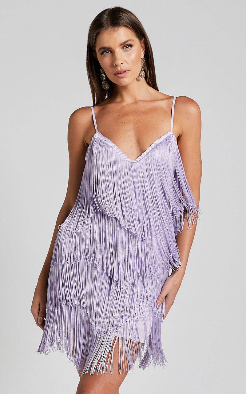 Showpo Siofra Mini Dress - Zig Zag Fringe Dress Lilac | WCUJAF762