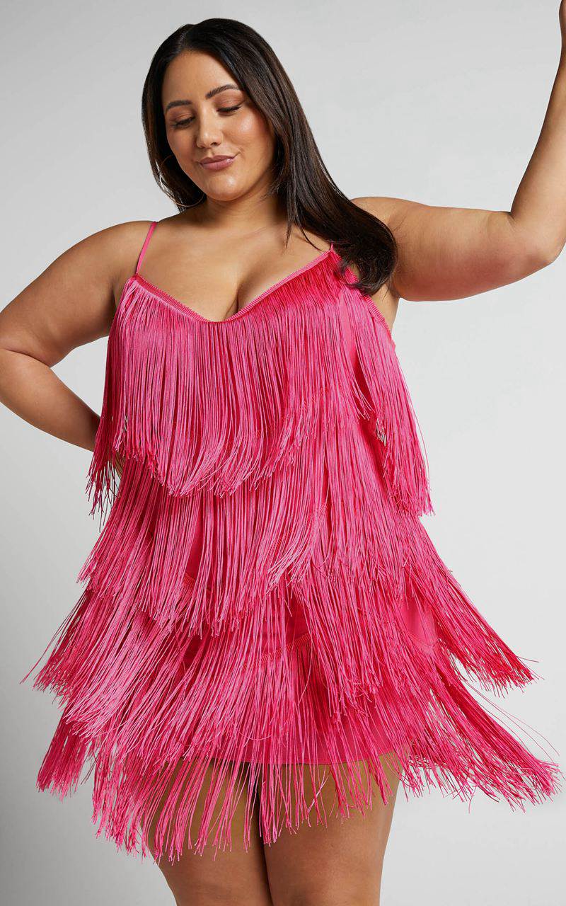 Showpo Siofra Mini Dress - Zig Zag Fringe Dress Hot Pink | NGBPEQ701