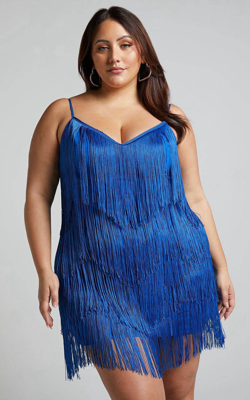 Showpo Siofra Mini Dress - Zig Zag Fringe Dress Cobalt Blue | HZESXD108