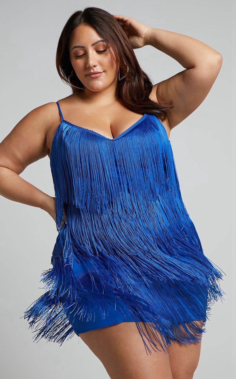 Showpo Siofra Mini Dress - Zig Zag Fringe Dress Cobalt Blue | HZESXD108