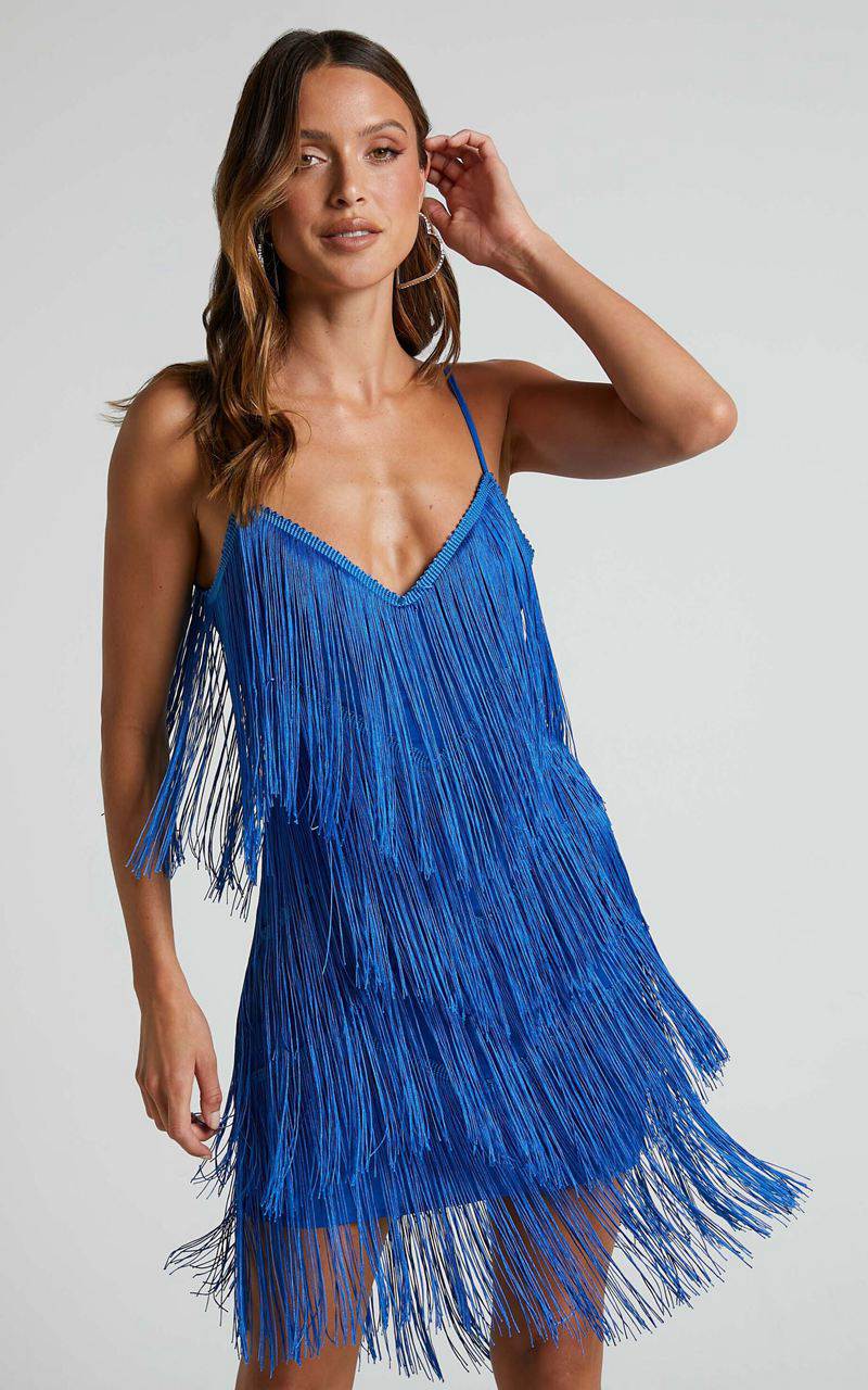 Showpo Siofra Mini Dress - Zig Zag Fringe Dress Cobalt Blue | HZESXD108