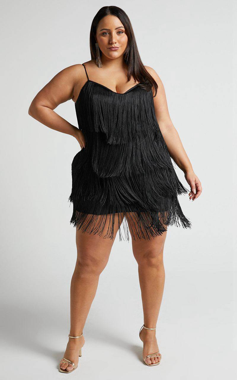 Showpo Siofra Mini Dress - Zig Zag Fringe Dress Black | JPTVFX697