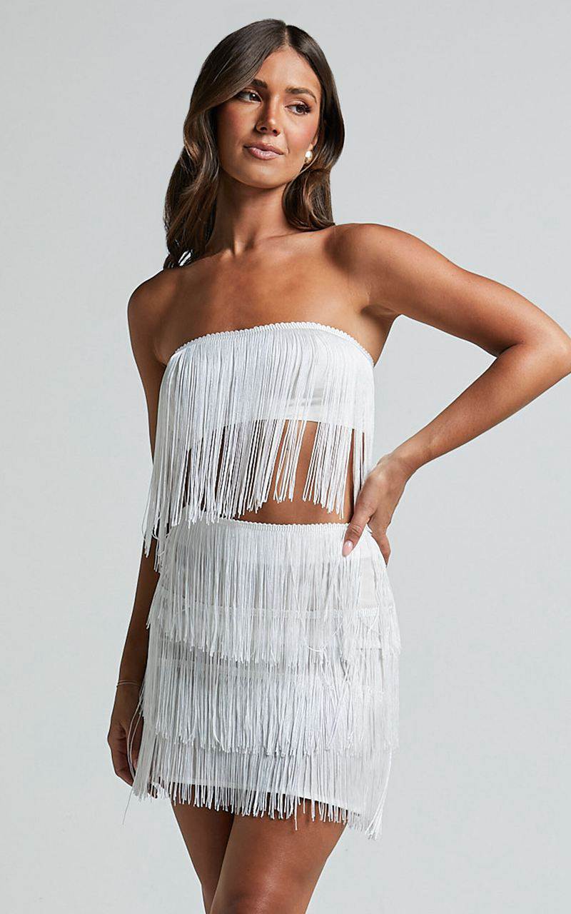 Showpo Siofra Two Piece Set - Fringe Crop Top And Mini Skirt Set White | CIPXEN670