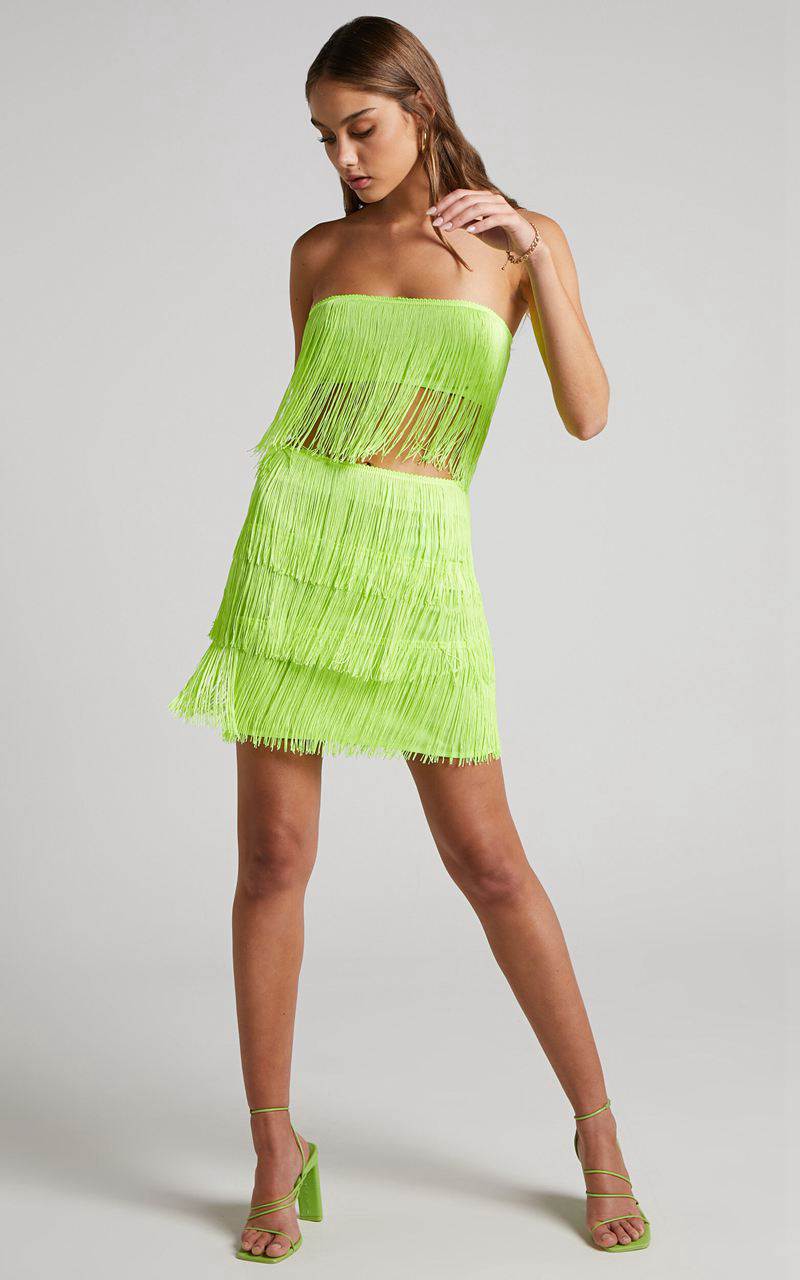 Showpo Siofra Two Piece Set - Fringe Crop Top And Mini Skirt Set Lime | TROVJW480