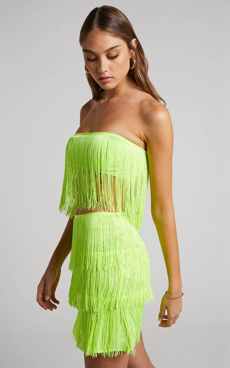 Showpo Siofra Two Piece Set - Fringe Crop Top And Mini Skirt Set Lime | TROVJW480