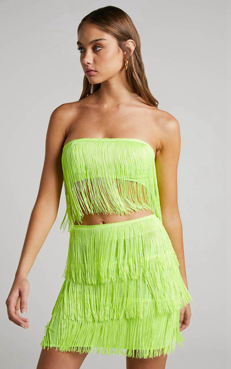 Showpo Siofra Two Piece Set - Fringe Crop Top And Mini Skirt Set Lime | TROVJW480