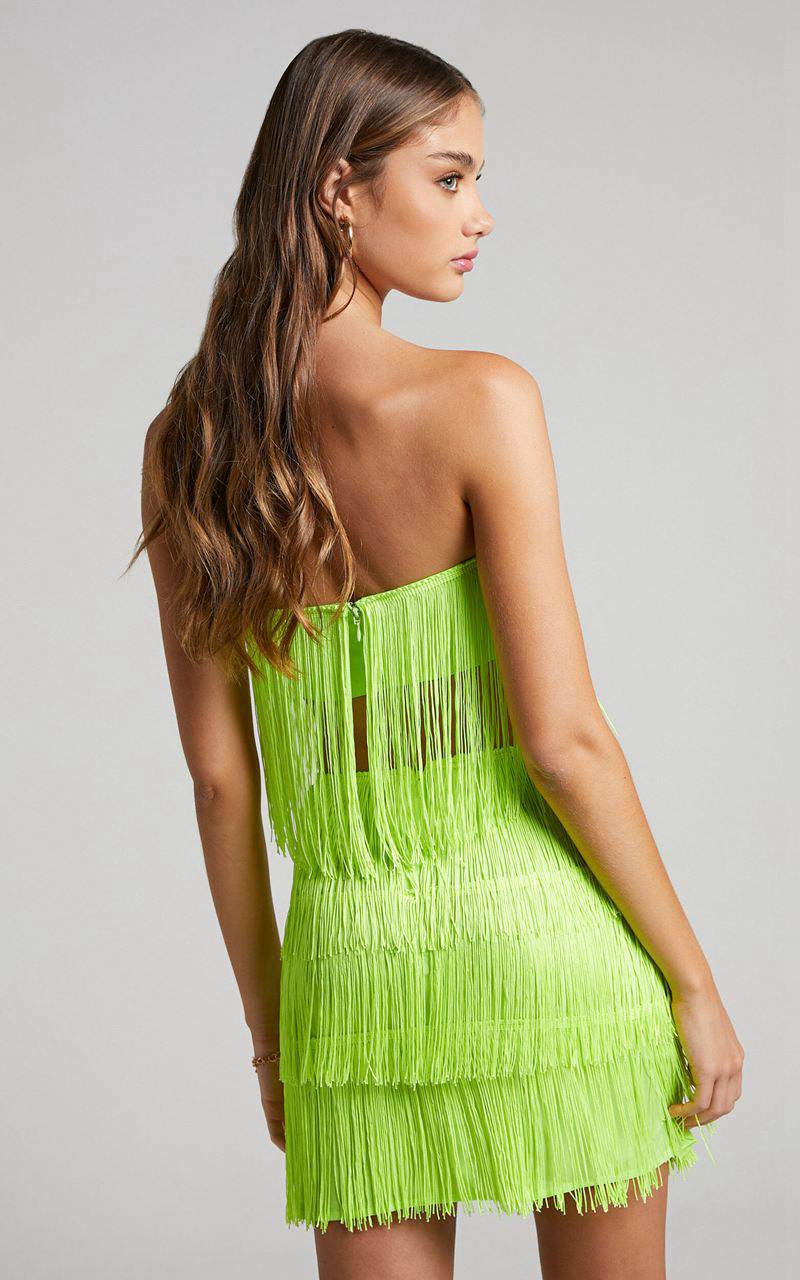 Showpo Siofra Two Piece Set - Fringe Crop Top And Mini Skirt Set Lime | TROVJW480