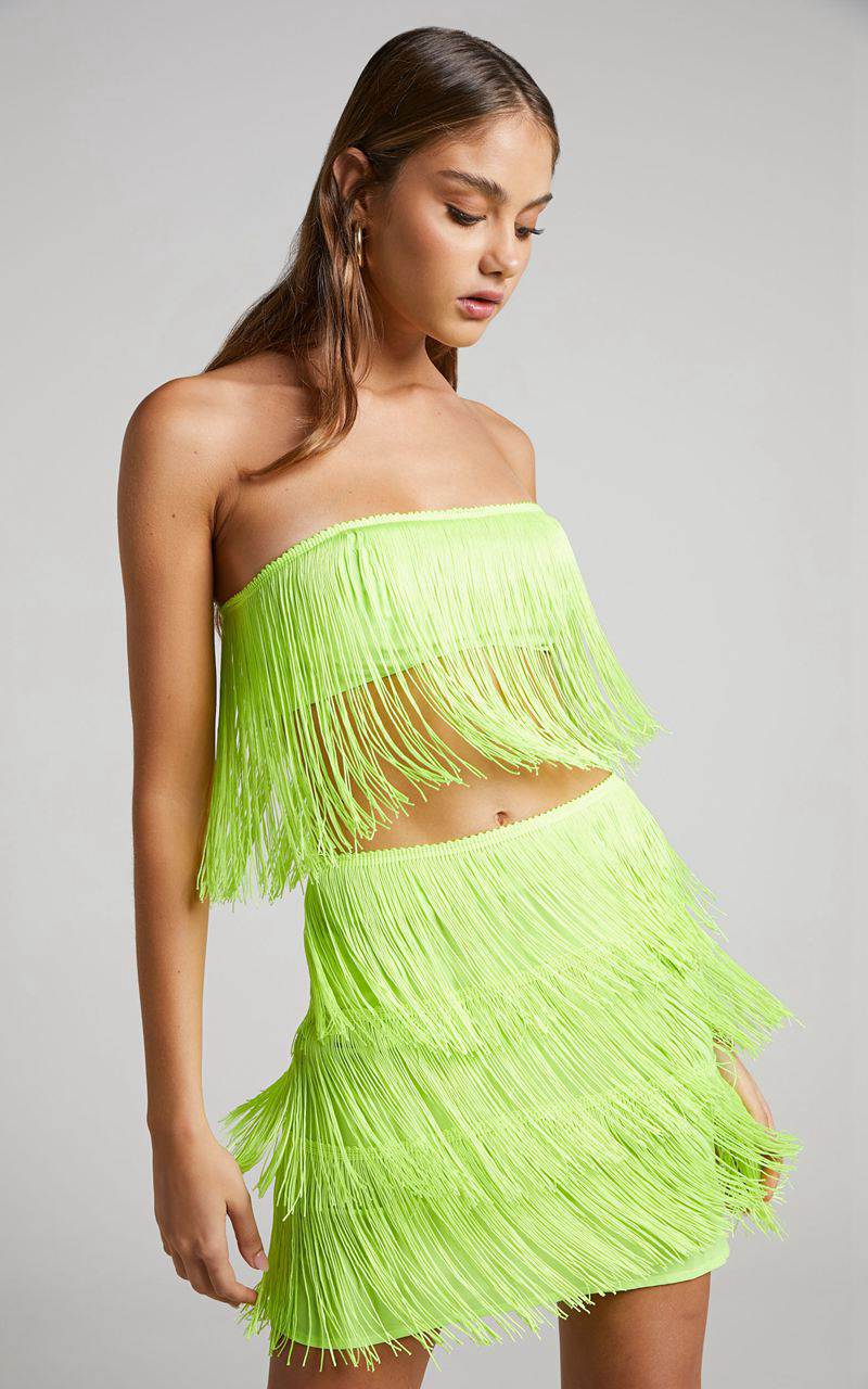 Showpo Siofra Two Piece Set - Fringe Crop Top And Mini Skirt Set Lime | TROVJW480