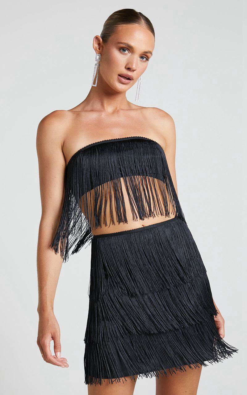 Showpo Siofra Two Piece Set - Fringe Crop Top And Mini Skirt Set Black | FNOMEU675