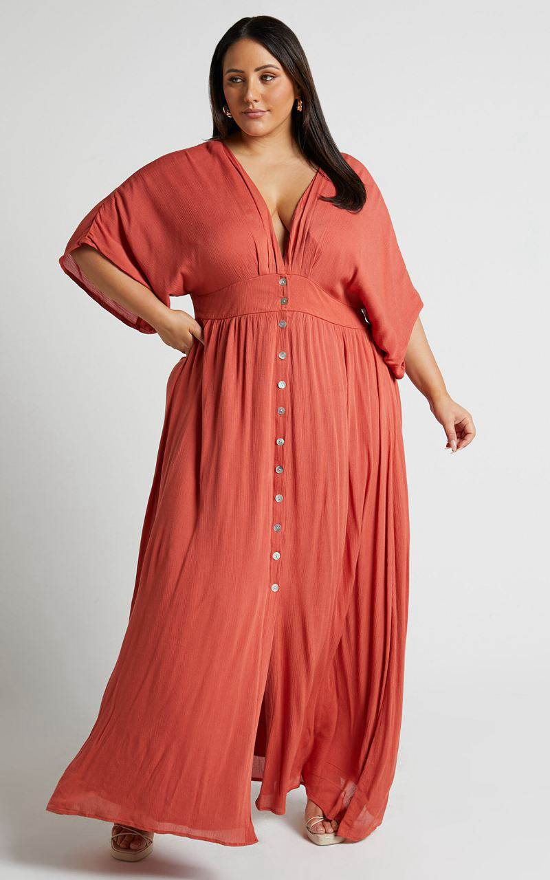 Showpo Sitting Pretty Midi Dress - Short Sleeve Button Down Dress Rust | FHDROW729