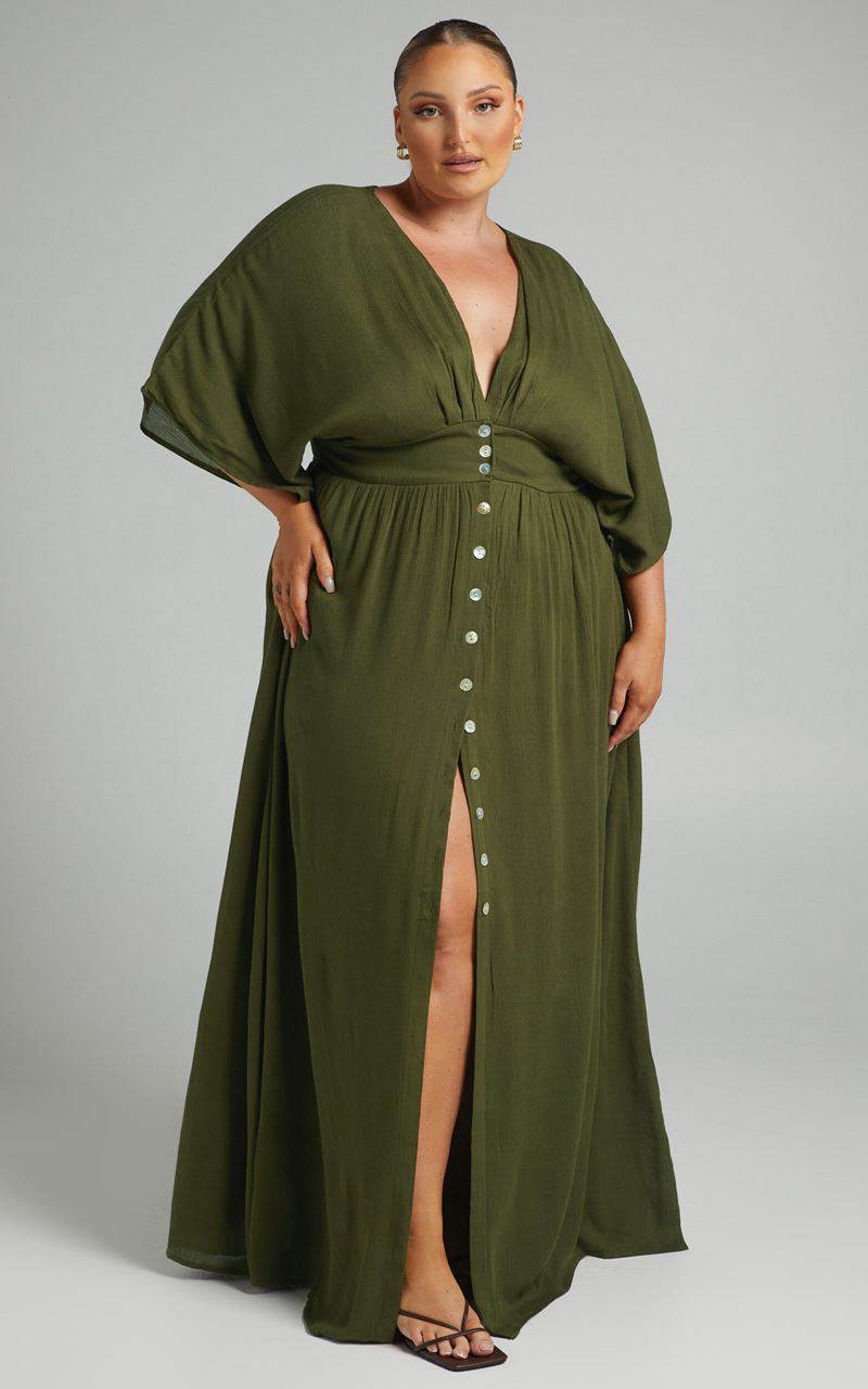 Showpo Sitting Pretty Midi Dress - Short Sleeve Button Down Dress Olive | AZGOLD163